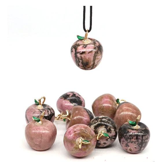 Rhodonite Apple of Knowledge pendant, natural stone 2,7 x 15 mm, hand carved, great healer of hearts