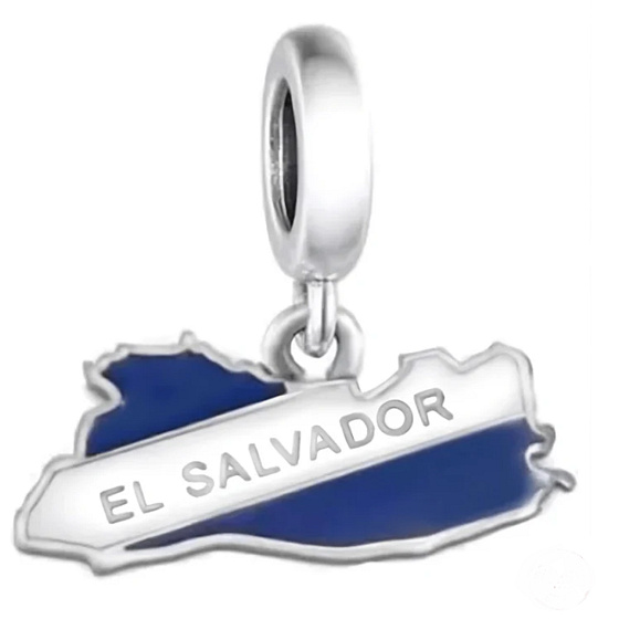 Charm Sterling Silver 925 El Salvador Flag - Swinging Map, Travel Bracelet Pendant