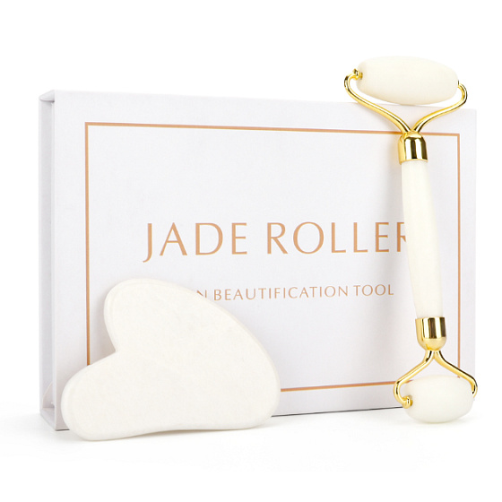 Quartz Gua Sha 5 x 8 cm + massage roller 14 x 5,5 cm reduces wrinkles, swelling, improves skin elasticity, set