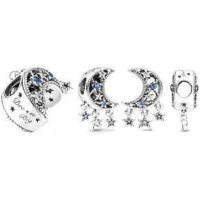 Charm Sterling silver 925 Crescent and stars, bead on bracelet universe