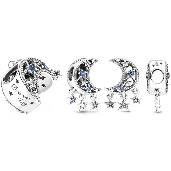 Charm Sterling silver 925 Crescent and stars, bead on bracelet universe