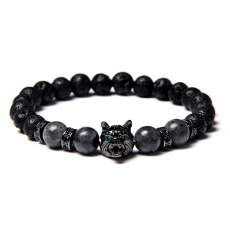 Lava black + Wolf's head bracelet elastic natural stone, ball 8 mm / 19 cm, born of the four elements