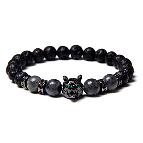 Lava black + Wolf's head bracelet elastic natural stone, ball 8 mm / 19 cm, born of the four elements Lava black + Wolf's head bracelet elastic natural stone, ball 8 mm / 19 cm, born of the four elements
