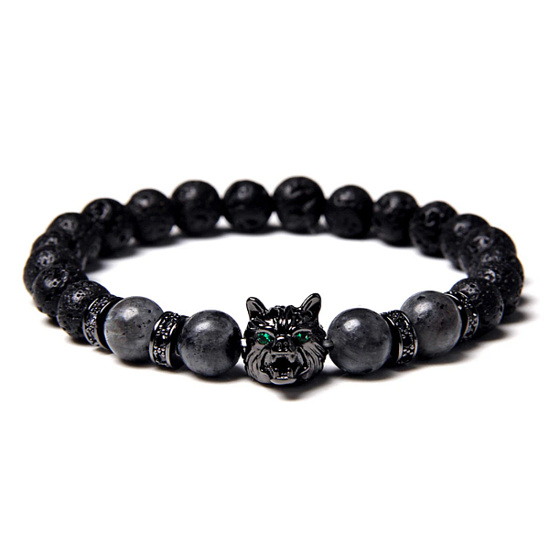 Lava black + Wolf's head bracelet elastic natural stone, ball 8 mm / 19 cm, born of the four elements