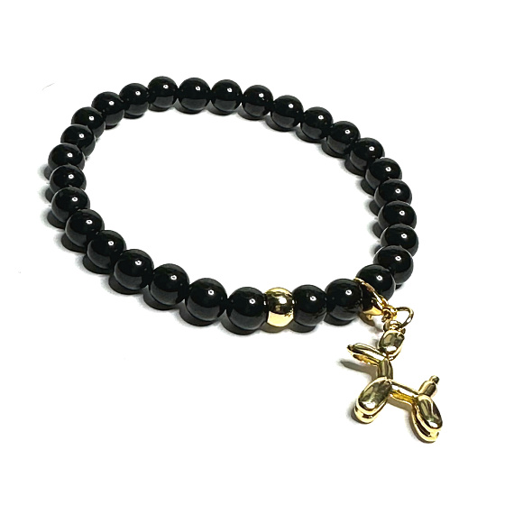 Spinel black + Dog pendant, bracelet elastic natural stone, ball 6 mm / 16 - 17 cm
