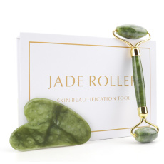 Jade Gua Sha 5 x 8 cm + massage roller 14 x 5,5 cm reduces wrinkles, swelling, improves skin elasticity, set