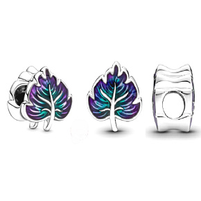 Sterling silver 925 Leaf, purple and green, nature bracelet bead