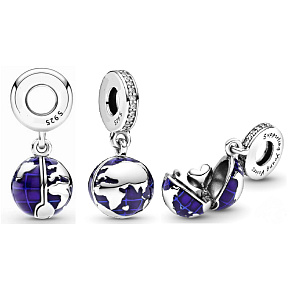 Charm Sterling Silver 925 Planet Earth - Blue Planet 2-in-1 Opening, Heart Inside, Travel Bracelet Pendant