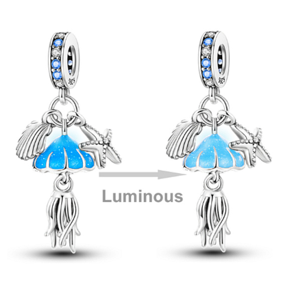 Charm Sterling Silver 925 Luminous - Sea - Jellyfish, Starfish, Clam, 3-in-1 Bracelet Pendant Sea