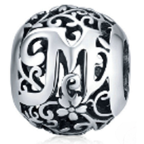 Sterling silver 925 Magic alphabet letter M with flowers, bead for bracelet