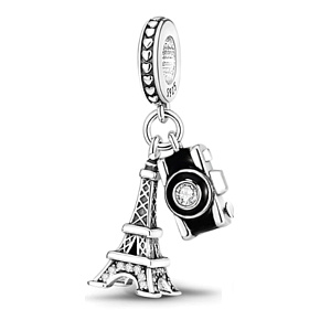 Sterling silver 925 Paris Eiffel Tower + Camera, Greetings from France, 2in1 travel bracelet pendant