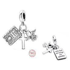Sterling silver 925 Religious charms, First Communion, Baptism - Bible with God all things are possible, 3in1 pendant bracelet