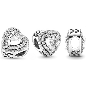 Charm Sterling silver 925 Shining hearts, bead on bracelet, love