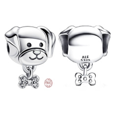 Charm Sterling silver 925 Dog with bone, bead on bracelet pet