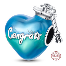 Charm Sterling Silver 925 Graduation - Congratulations, Graduate Heart Bead on Bracelet Charm Sterling Silver 925 Graduation - Congratulations, Graduate Heart Bead on Bracelet