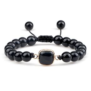 Obsidian + Geometric pendant, hand knitted, adjustable size, 8 mm ball, rescue stone