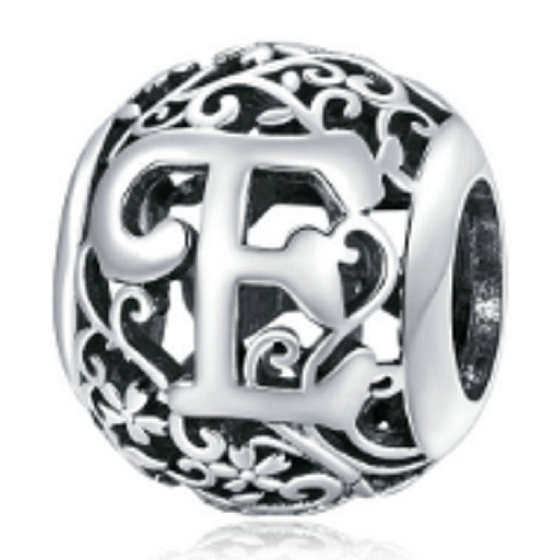 Sterling silver 925 Magic alphabet letter E with flowers, bead for bracelet