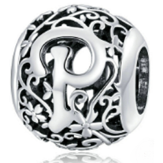 Sterling silver 925 Magic alphabet letter P with flowers, bead for bracelet