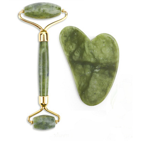 Jade Gua Sha 5 x 8 cm + massage roller 14 x 5,5 cm reduces wrinkles, swelling, improves skin elasticity, set without packaging