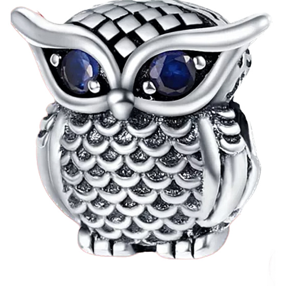 Sterling silver 925 Owl with blue cubic zirconia, bead on bracelet animal