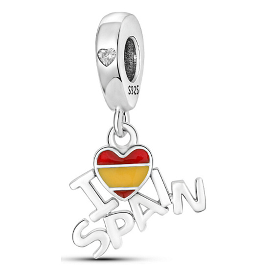 Charm Sterling Silver 925 Spain Flag Heart - I Love Spain, 2-in-1 Travel Bracelet Pendant