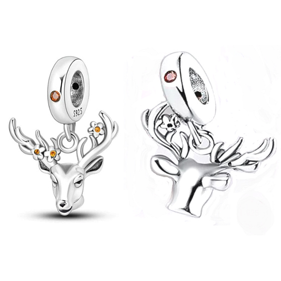Charm Sterling silver 925 Deer with flowers, animal bracelet pendant