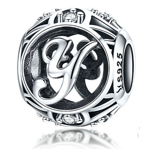 Sterling silver 925 magic alphabet letter Y + cubic zirconia, bead for bracelet