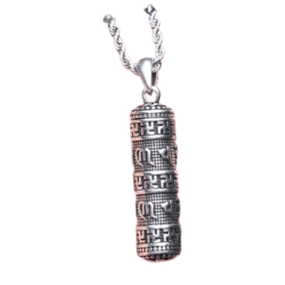 Tibetský mantrový válec 3,5 x 1 cm + 29 cm řetízek, ochranný přívěsek na krk s tradičními symboly