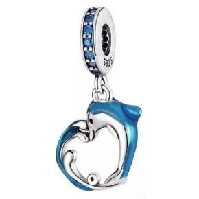 Charm Sterling Silver 925 Dolphin on a Wave in Heart Shape, Sea Bracelet Pendant
