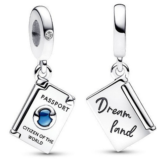 Charm Sterling silver 925 Passport with cubic zirconia, openable travel bracelet pendant