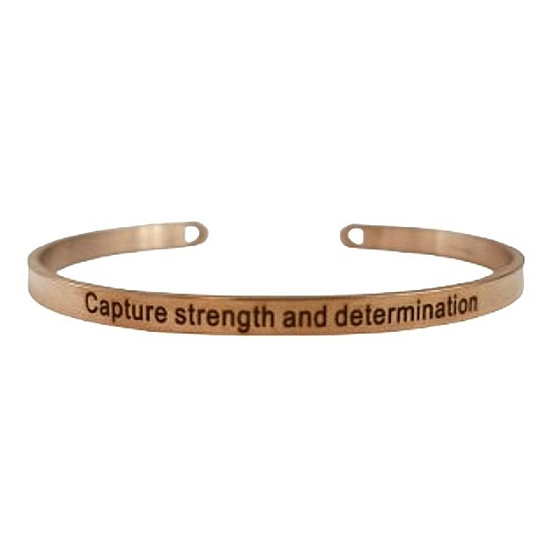 Stainless steel bracelet rose gold with engraving Capture strength and determination, open cuff, 4 mm