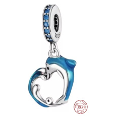 Charm Sterling Silver 925 Dolphin on a Wave in Heart Shape, Sea Bracelet Pendant
