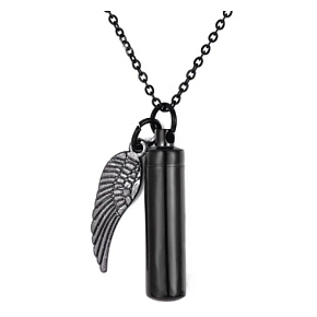 Commemorative urn pendant, Angel wings black waterproof, stainless steel 9 x 37 mm