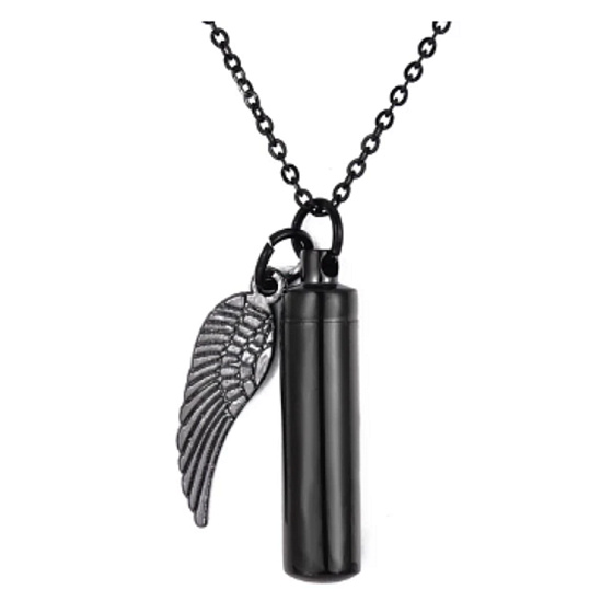 Commemorative urn pendant, Angel wings black waterproof, stainless steel 9 x 37 mm