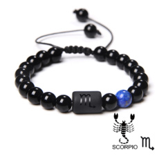 Onyx Scorpio zodiac sign, natural stone bracelet, 8mm ball/ adjustable size, life force stone
