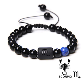 Onyx Scorpio zodiac sign, natural stone bracelet, 8mm ball/ adjustable size, life force stone