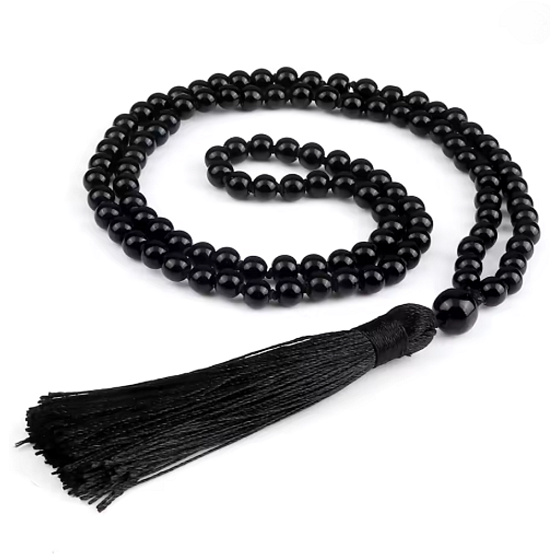 108 Mala Onyx necklace meditation jewelry, natural stone, knotted tassel, bead 8 mm