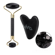 Obsidian Gua Sha 5 x 8 cm + massage roller 14 x 5,5 cm reduces wrinkles, swelling, improves skin elasticity, set without packaging Obsidian Gua Sha 5 x 8 cm + massage roller 14 x 5,5 cm reduces wrinkles, swelling, improves skin elasticity, set without packaging