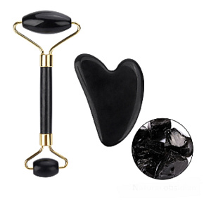 Obsidian Gua Sha 5 x 8 cm + massage roller 14 x 5,5 cm reduces wrinkles, swelling, improves skin elasticity, set without packaging
