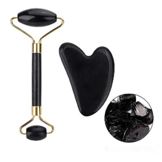 Obsidian Gua Sha 5 x 8 cm + massage roller 14 x 5,5 cm reduces wrinkles, swelling, improves skin elasticity, set without packaging