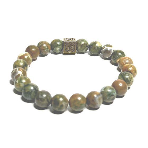 Ryolite with royal mantra Om bracelet elastic natural stone, ball 8 mm / 16-17 cm, stone of clear consciousness