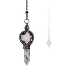 Rose quartz pendulum + clear quartz + bronze, natural stone pendant 7,7 cm, chain approx. 26,5 cm