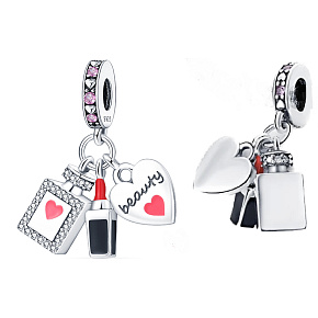 Charm Sterling silver 925 Chic style - lipstick, perfume, heart 3in1, pendant on bracelet interests