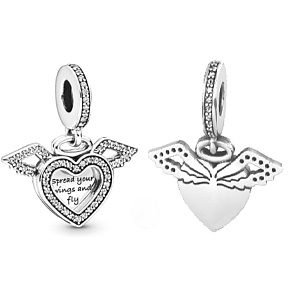 Charm Sterling silver 925 Angel wings, spread and fly, pendant on bracelet symbol