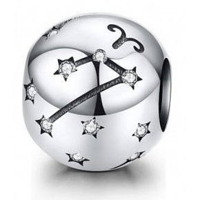 Sterling silver 925 zodiac sign Aries + cubic zirconia, bead for bracelet 9 mm