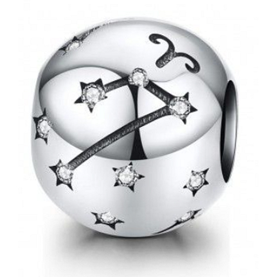 Sterling silver 925 zodiac sign Aries + cubic zirconia, bead for bracelet 9 mm
