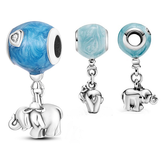 Charm Sterling silver 925 Elephant with blue balloon, pendant on bracelet family