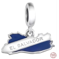 Charm Sterling Silver 925 El Salvador Flag - Swinging Map, Travel Bracelet Pendant