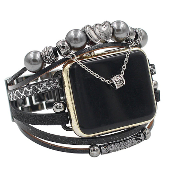 Apple Watch Strap Handmade Black + Beads + Heart, size 42/44/45 mm