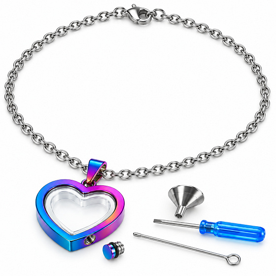 Forever in My Heart – Memorial Ashes Pendant, Rainbow Heart Made of Stainless Steel and Glass